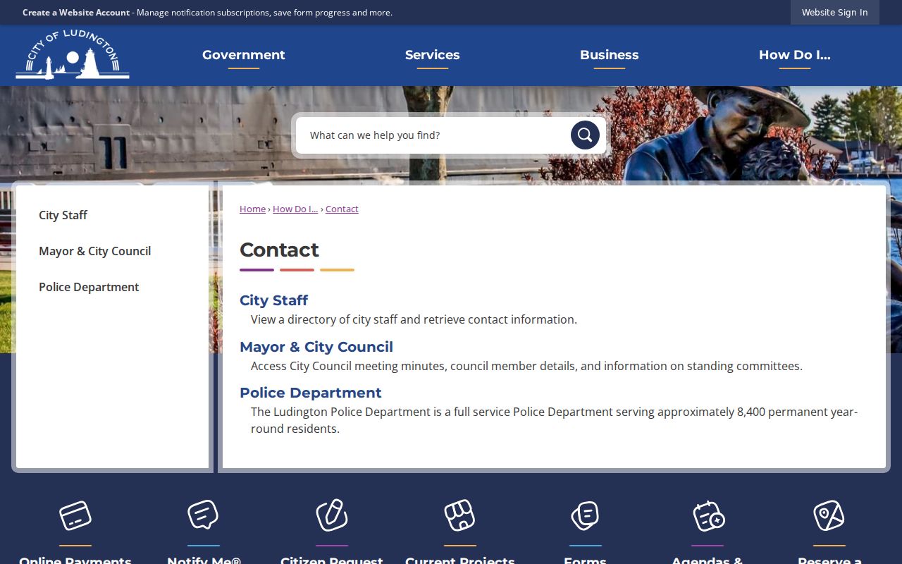 Ludington warrant records: city hall contact page and building context