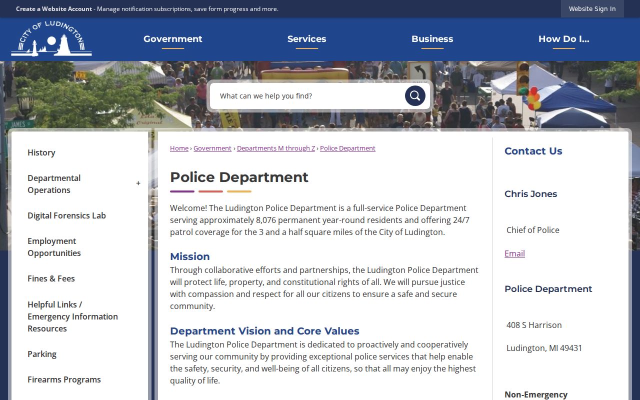 Ludington warrant records: police department page with no local warrant portal